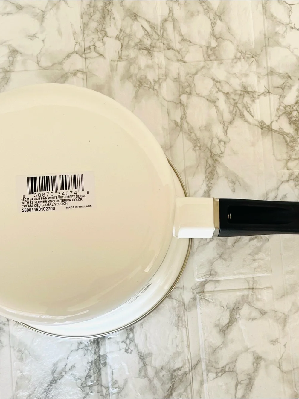 New Le Creuset White Enamel Miffy Saucepan with Orange Accents with original box